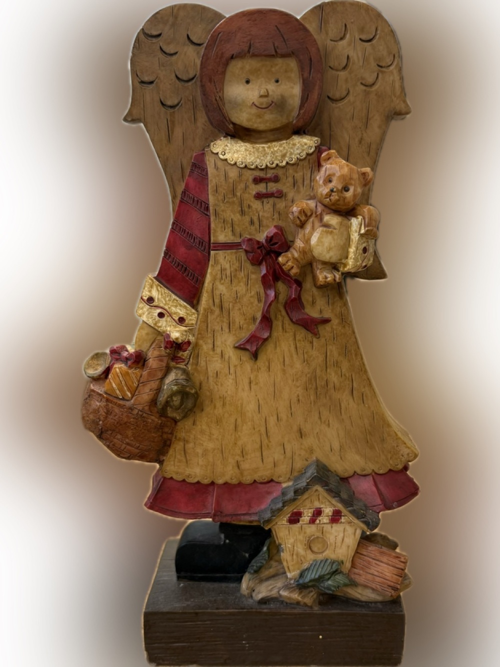 Dolgencorp Country Angel Figurine With Basket Of Gifts, Teddy Bear & Birdhouse